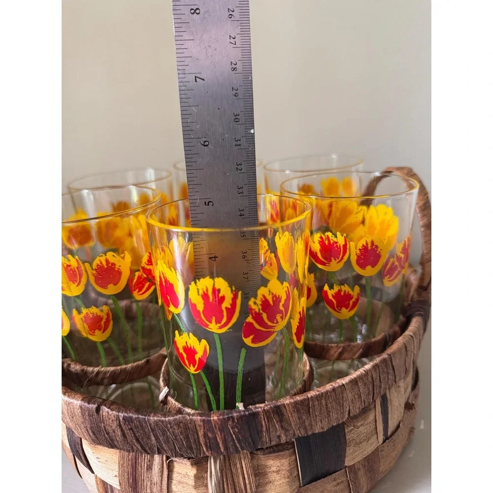 Jane Lynn Tulip Juice Glasses Set | MCM Retro Floral Tumblers, Woven Caddy